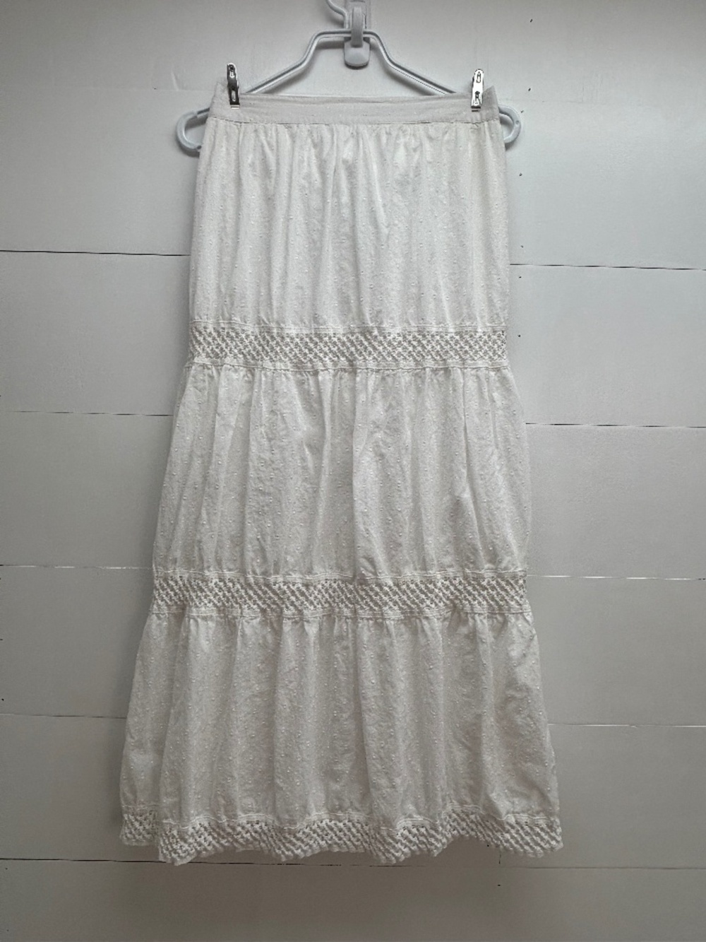 SW New York White Tiered Cotton Midi Skirt Crochet Lace Boho